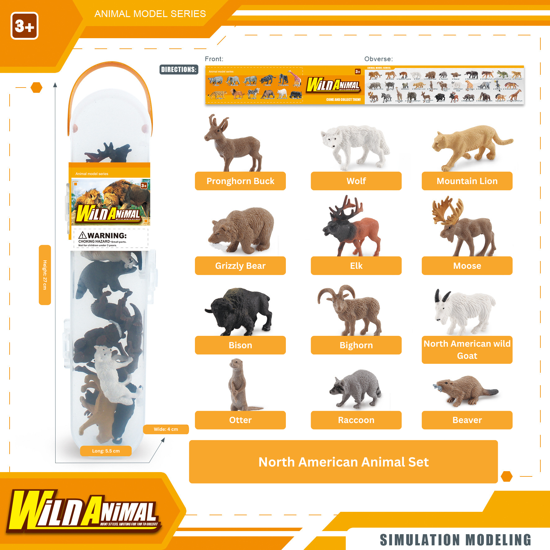 Wild Animal toy set packaging with animal figures and color chart on a white background
